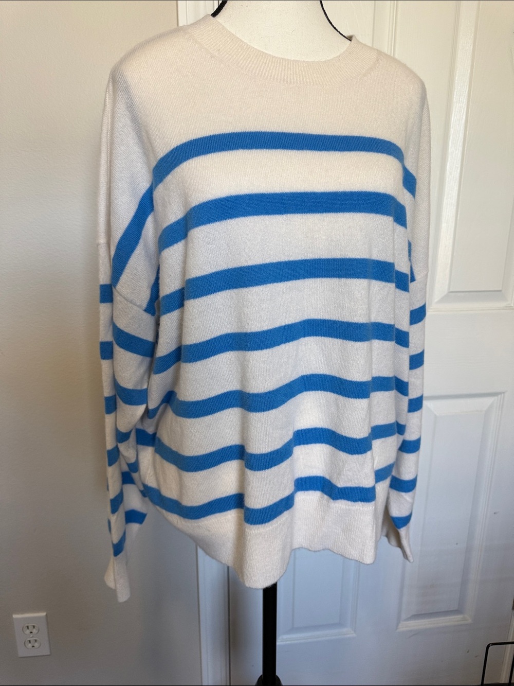 Madewell Women’s Crewneck cashmere Striped Sweater Cream Blue Sz XL Like New
